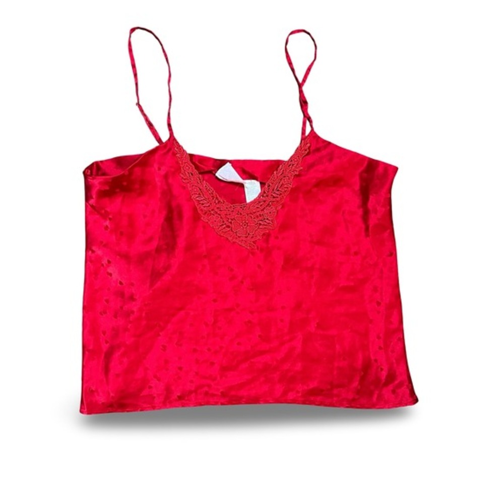 Silkscreen Red Y2K Satin Cami Top Lace Trim‎ Lingerie Tank Sleepwear Medium